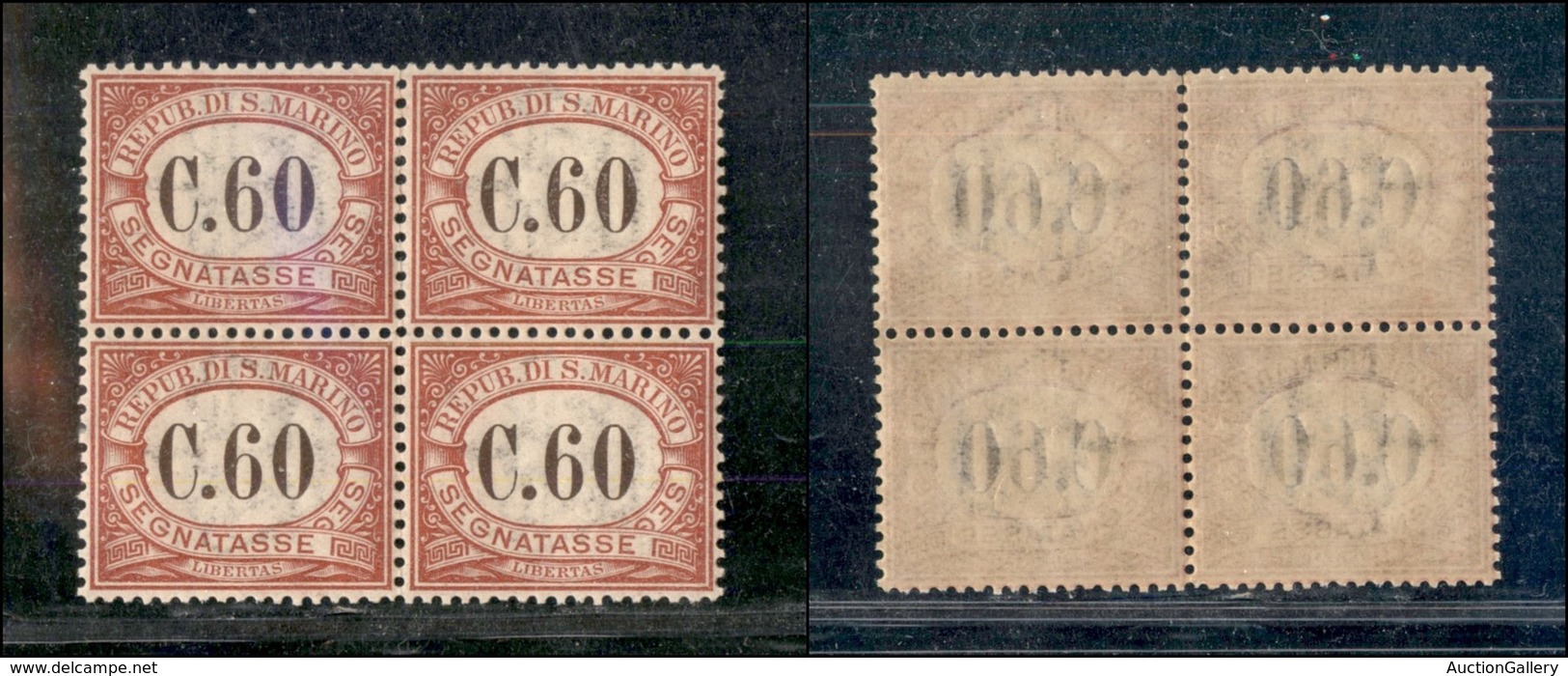 SAN MARINO - 1924 - Segnatasse - 60 Cent (14) In Quartina - Gomma Integra - Ottimamente Centrata - Cert. AG - Sonstige & Ohne Zuordnung