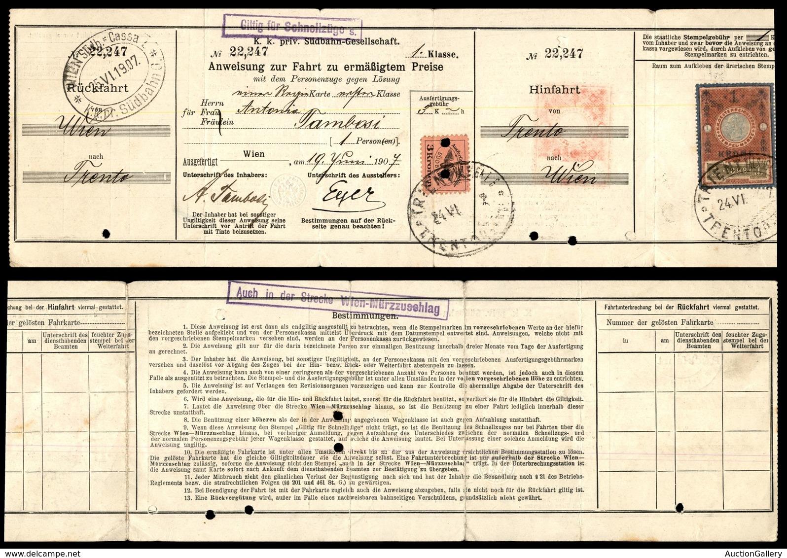 EUROPA - AUSTRIA - 1 Krone + 3 Kronen - Ricevuta Da Trento A Vienna Del 24.6.1907 - Other & Unclassified