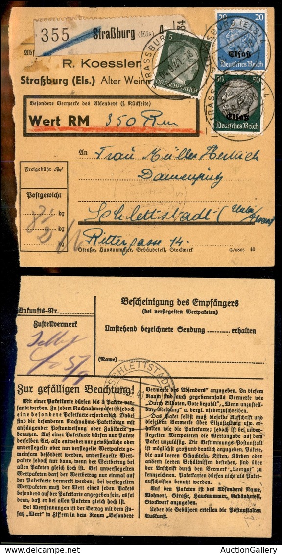 EUROPA - ALSAZIA - Mista - 20 + 50 Pfennig (Unif.16+20) + 5 Pfennig (708 Reich) - Cedolino Pacchi - Strassburg 4.9.41 - Sonstige & Ohne Zuordnung