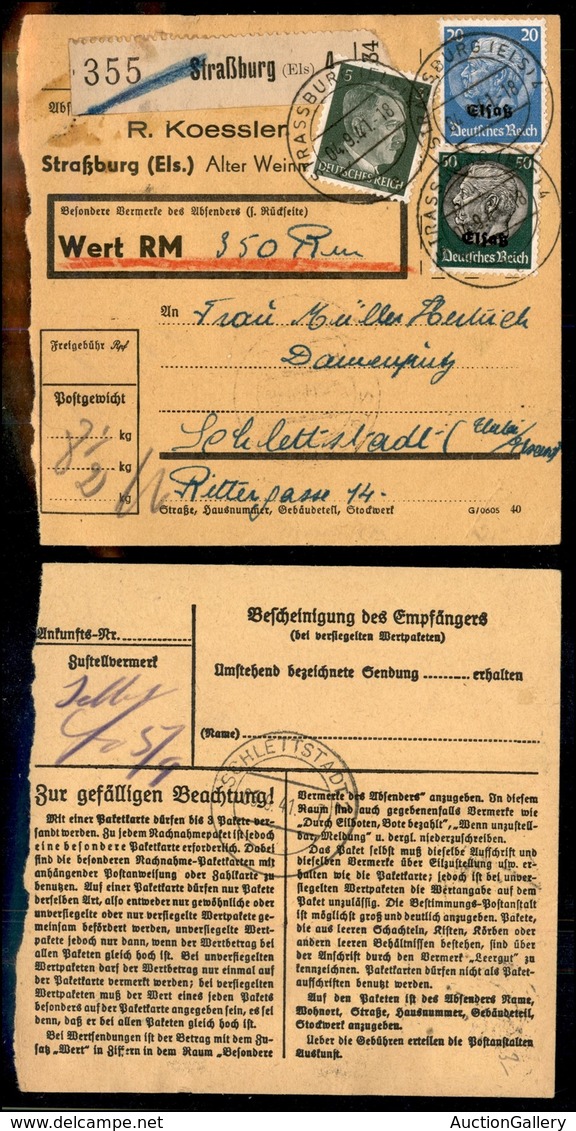 EUROPA - ALSAZIA - Mista - 20 + 50 Pfennig (Unif.16+20) + 5 Pfennig (708 Reich) - Cedolino Pacchi - Strassburg 4.9.41 - Autres & Non Classés