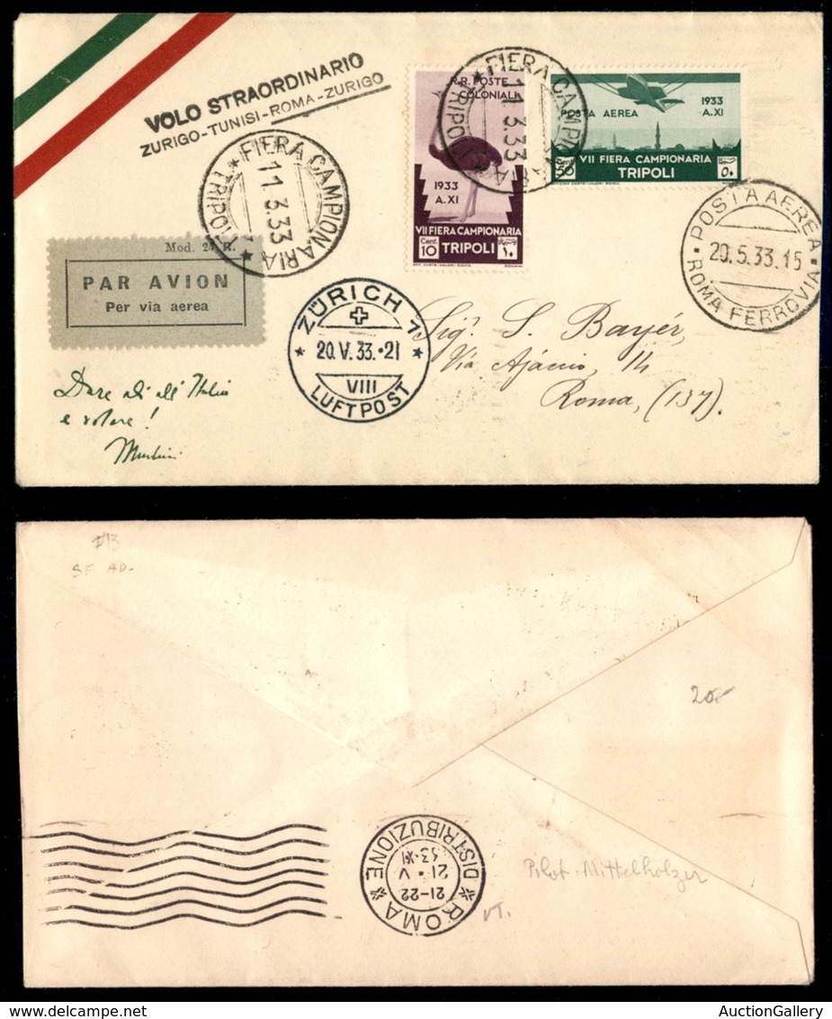 POSTA AEREA - 1933 (20 Maggio) - Mittelholzer - Tripoli Zurigo - Other & Unclassified