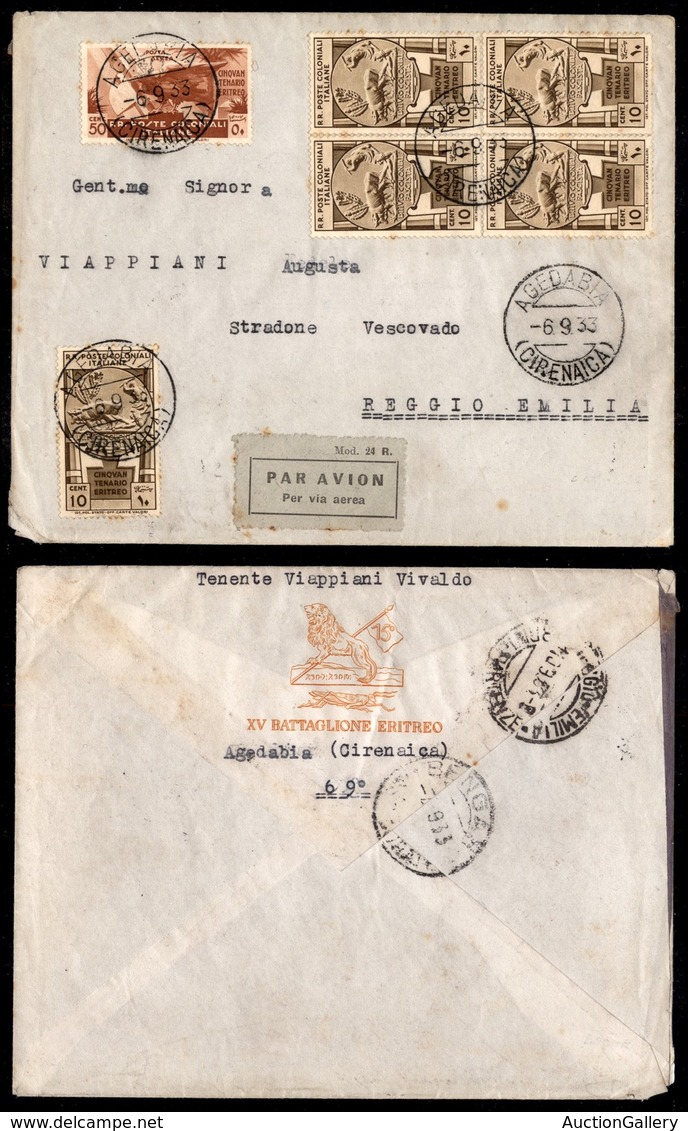 POSTA AEREA - Aerogramma Da Agedabia A Reggio Del 6.9.33 Con Affrancatura Multipla (Colonie 23+23 Quartina + 15 Aerea) - Autres & Non Classés