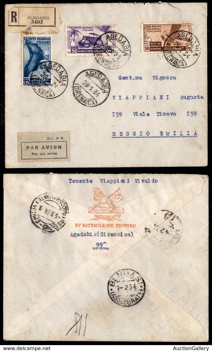 POSTA AEREA - Aerogramma Raccomandato Da Agedabia A Reggio Del 29.1.34 (Colonie 34+36+22 Aerea) - Sonstige & Ohne Zuordnung