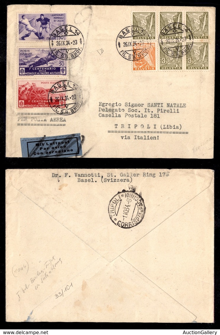 POSTA AEREA - Basilea Tripoli (26.9.34) - Aerogramma Con Affrancatura Mista (Svizzera 271 Cinque +274+ Regno 359+371+372 - Autres & Non Classés