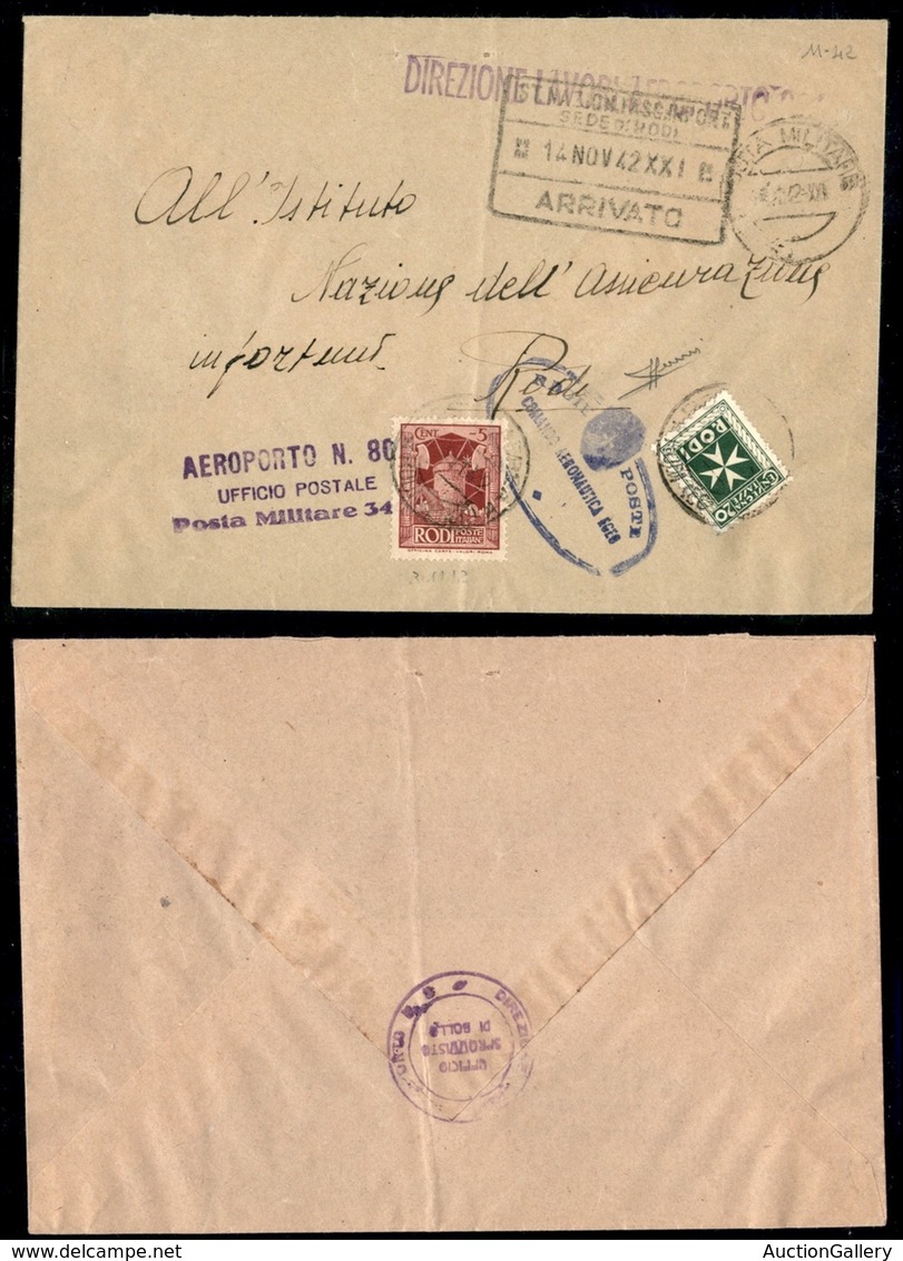 POSTA AEREA - Comando Aeronautica Egeo - Aeroporto 806/Ufficio Postale/P.M.3450 - Busta Per Rodi Del 3.11.42 - Tassata - - Sonstige & Ohne Zuordnung