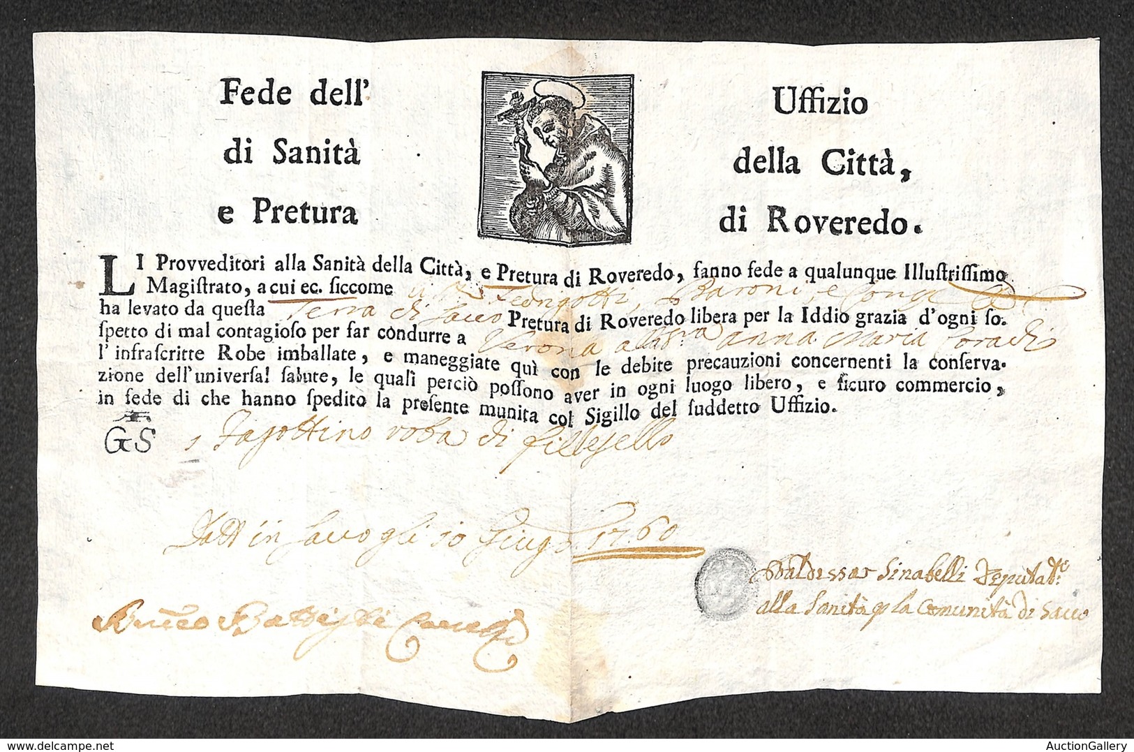 DOCUMENTI - VARIE - Sacco 10 Giugno 1760 - Fede Di Sanità Della Città Di Rovereto A Favore Del Barone Fedrigotti Per Ver - Otros & Sin Clasificación