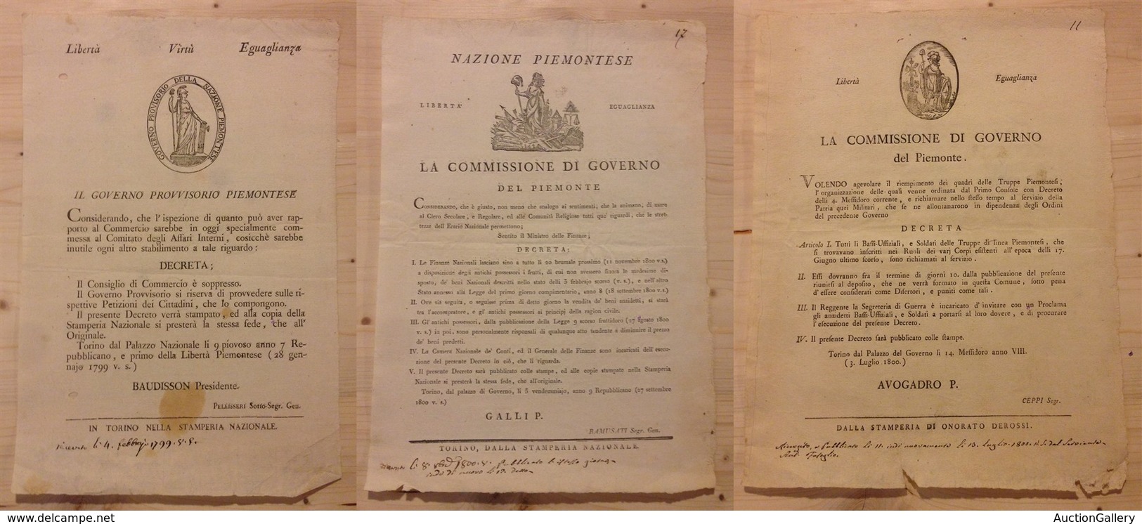 DOCUMENTI - VARIE - Governo Provvisorio Piemontese - 1799 (28.1)/1800 (3.7-27.9) - 3 Decreti - Andere & Zonder Classificatie