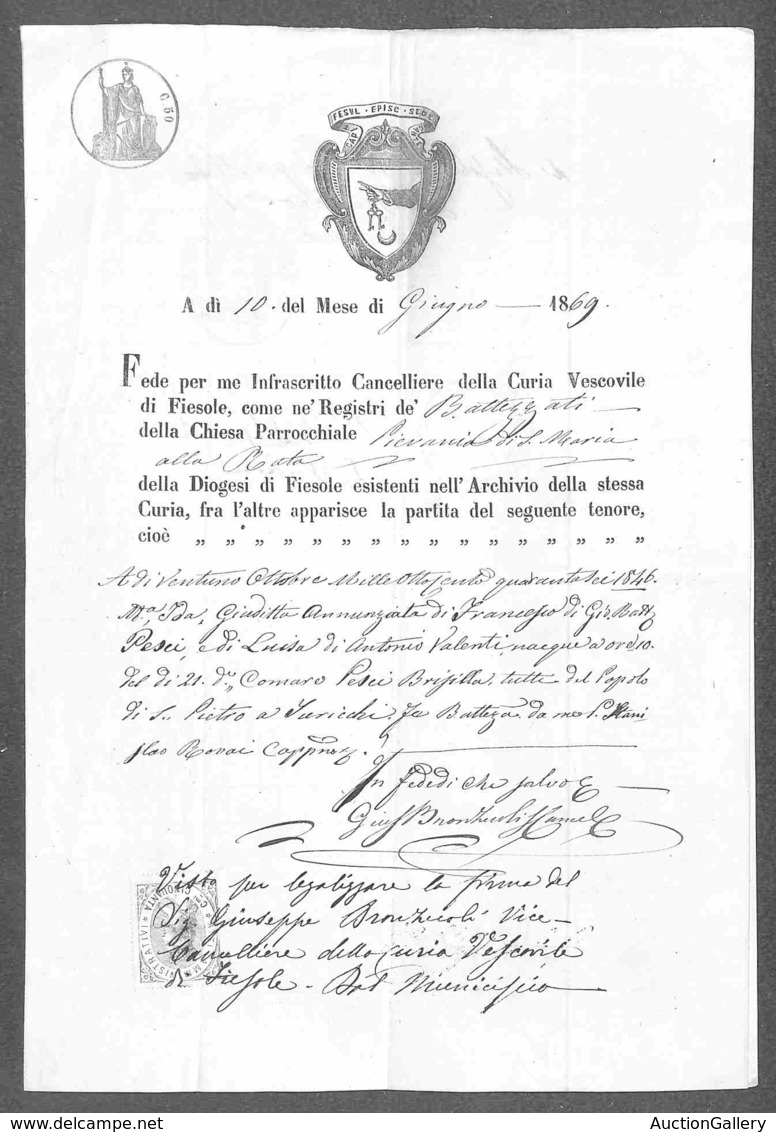 DOCUMENTI - VARIE - 1869 (10 Giugno) - Fiesole - Atto Di Nascita In Carta Bollata - Otros & Sin Clasificación