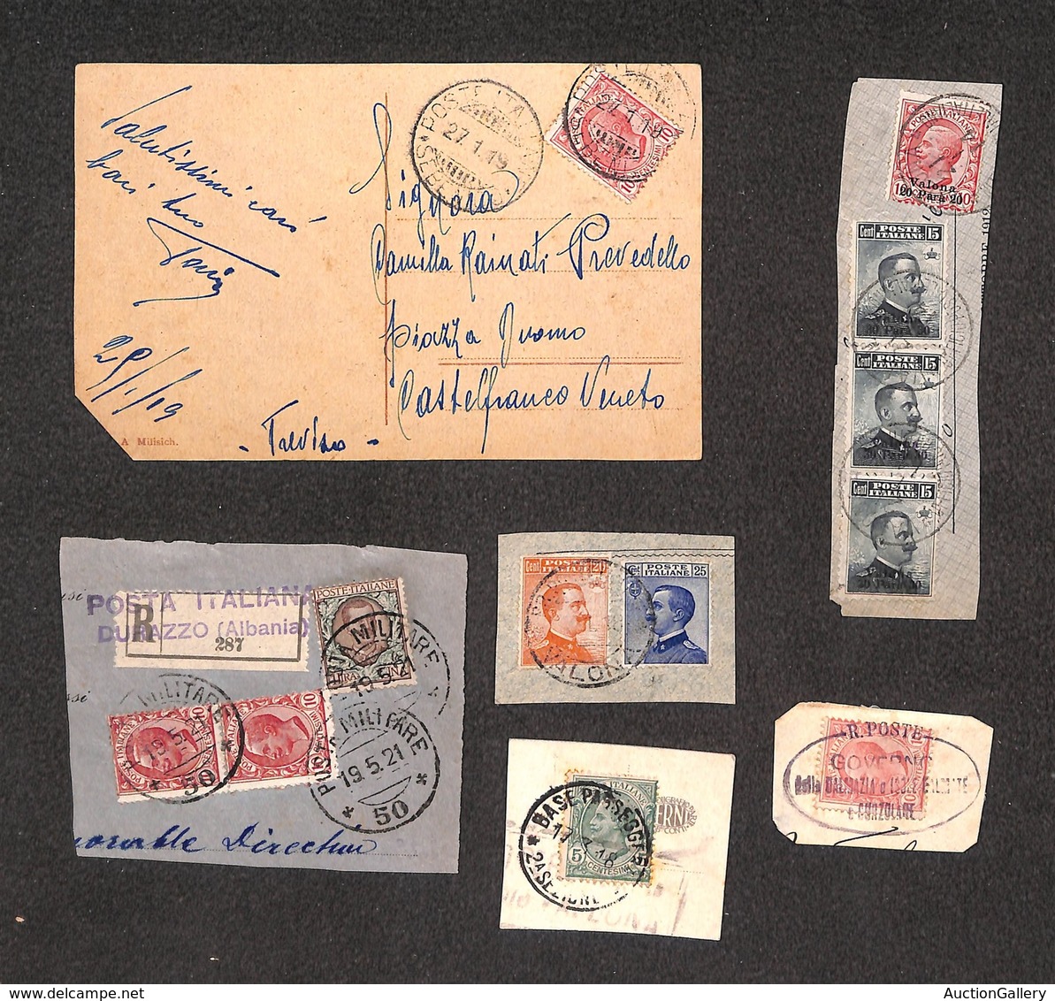 DOCUMENTI - VARIE - 1914/1921 - Posta Militare - Durazzo + Sebenico + Valona - Una Cartolina + Cinque Frammenti - Autres & Non Classés