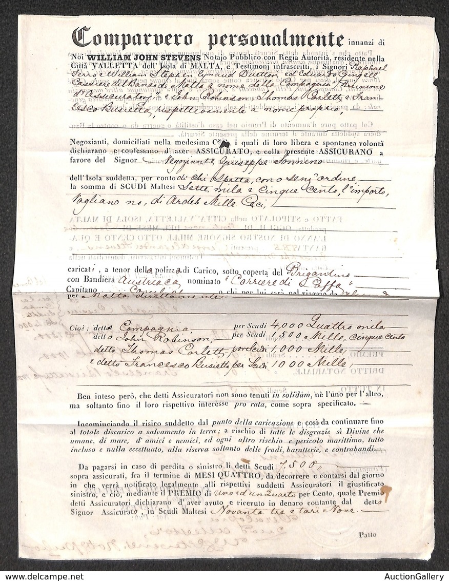 DOCUMENTI - VARIE - 1843 (29 Dicembre) - Valletta/Malta - Contratto Assicurativo Notarile Di 7.500 Scudi Relativo Alla P - Andere & Zonder Classificatie