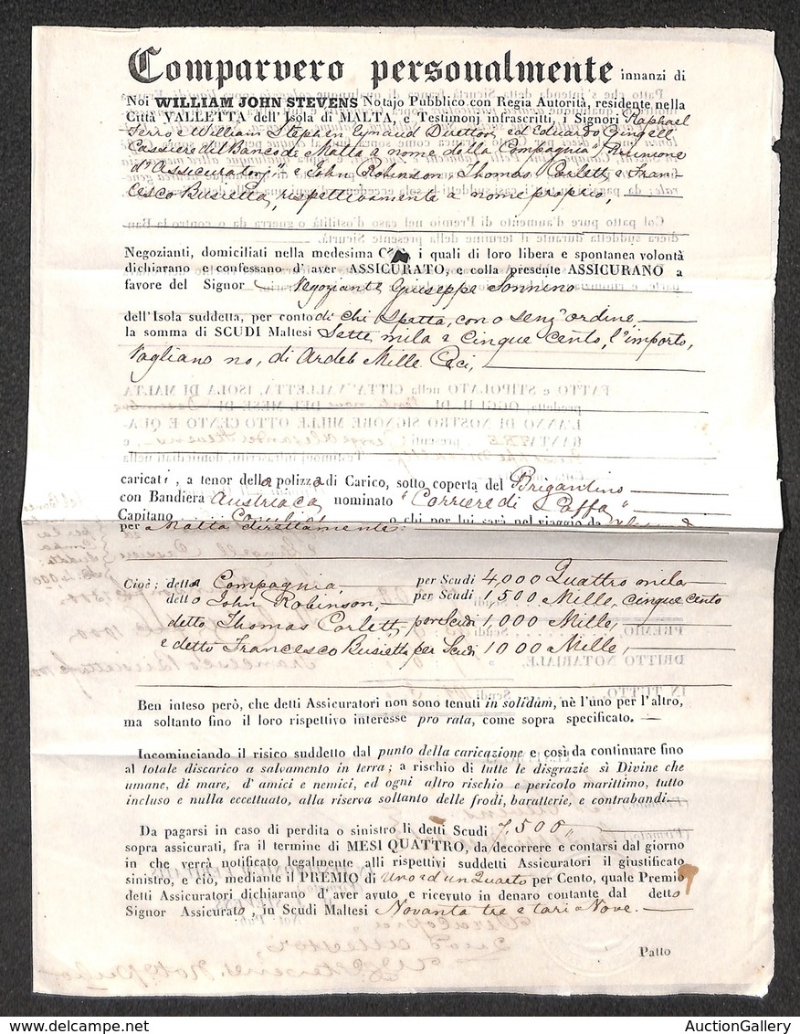 DOCUMENTI - VARIE - 1843 (29 Dicembre) - Valletta/Malta - Contratto Assicurativo Notarile Di 7.500 Scudi Relativo Alla P - Autres & Non Classés