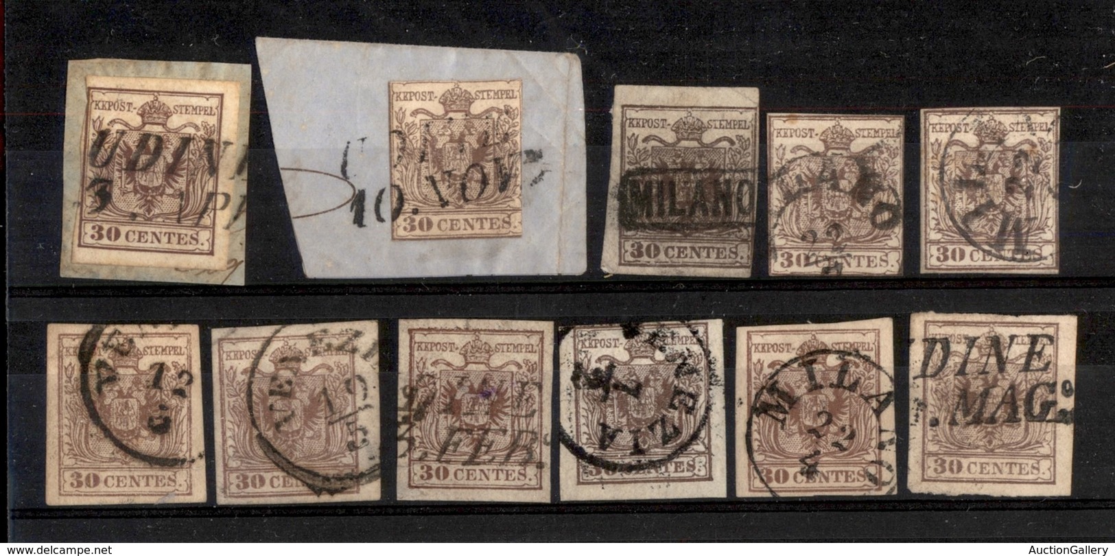 LOTTI - COLLEZIONI - LOMBARDO VENETO - 1850/1857 - Cartoncino Con 11 Esemplari Del 30 Cent (7/21) - Interessante - Da Es - Autres & Non Classés