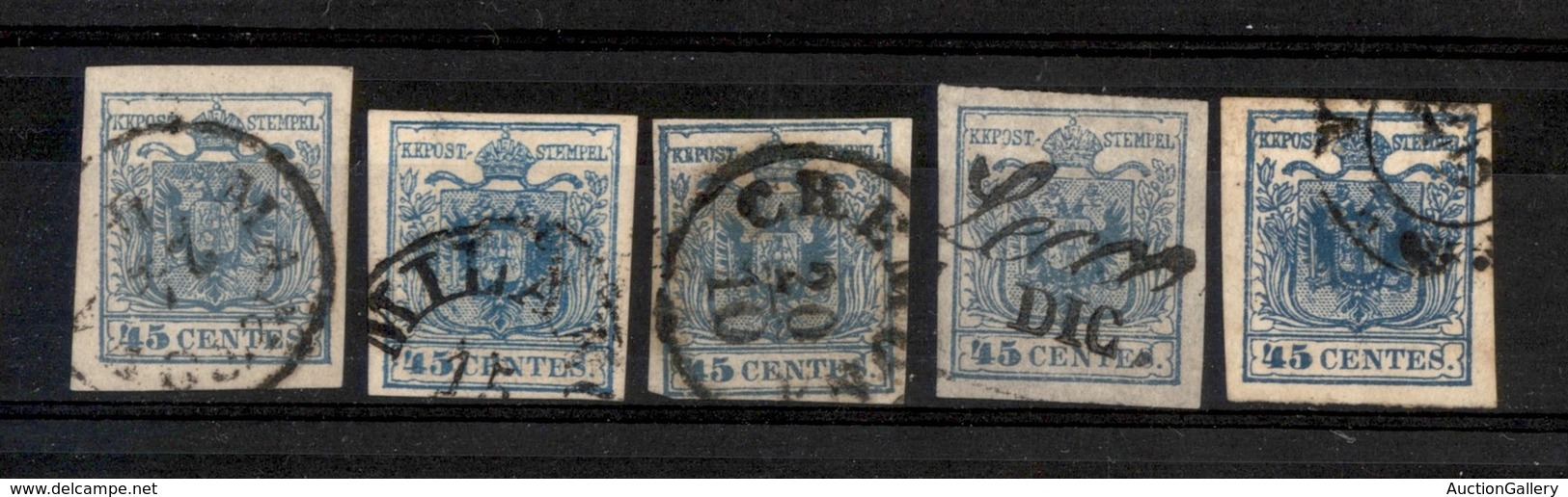 LOTTI - COLLEZIONI - LOMBARDO VENETO - 1850/1857 - Cartoncino Con 5 Esemplari Del 45 Cent (10/22) - Interessante - Da Es - Sonstige & Ohne Zuordnung