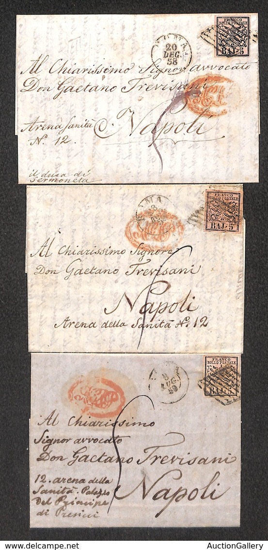 LOTTI - COLLEZIONI - PONTIFICIO - 1858/1859 - 5 Bai (6) - Tre Lettere D’archivio Da Roma A Napoli Col 5 Bai (6) Isolato  - Autres & Non Classés