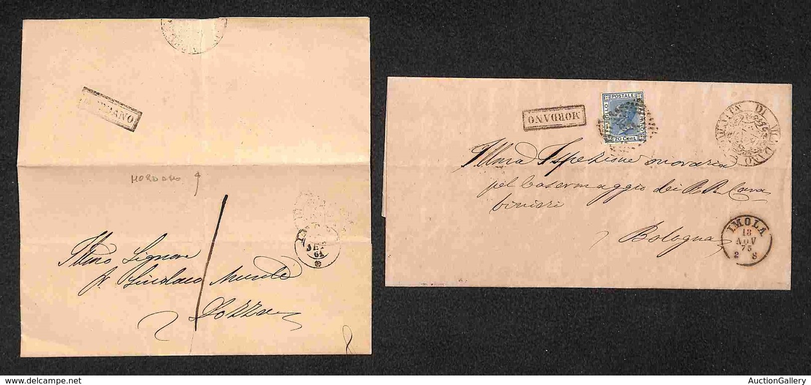 LOTTI - COLLEZIONI - REGNO - 1861/1875 - Mordano - Due Lettere Con Annullo In Cartella, Una Affrancata Col 20 Cent (26)  - Autres & Non Classés