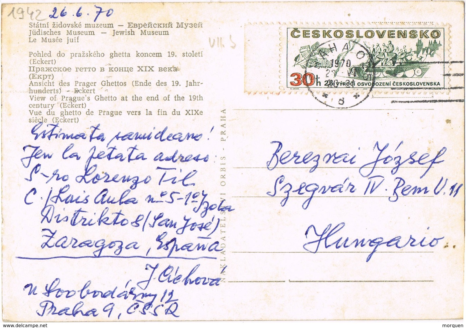 30932. Postal PRAHA (Checosloavquia) 1970. Vista Ghetto De Praga. Jewish Museum - Cartas & Documentos