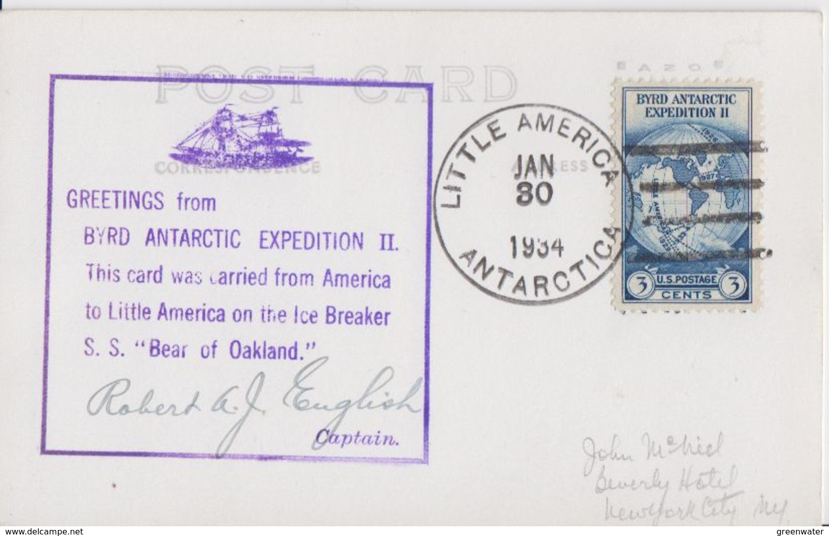 USA 1934 Little America / Byrd "Admiral Byrd In The Door Of His Plane"  Postcard (41539) - Antarctische Expedities