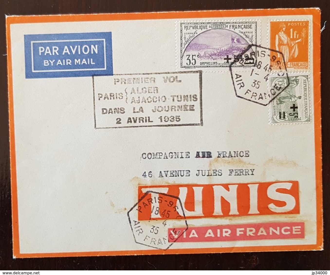 FRANCE Yvert N° 166+164 Orphelins. Premier Vol PARIS ALGER AJACCIO TUNIS Dans La Journée 2 Avril 1935. - 1921-1960: Période Moderne