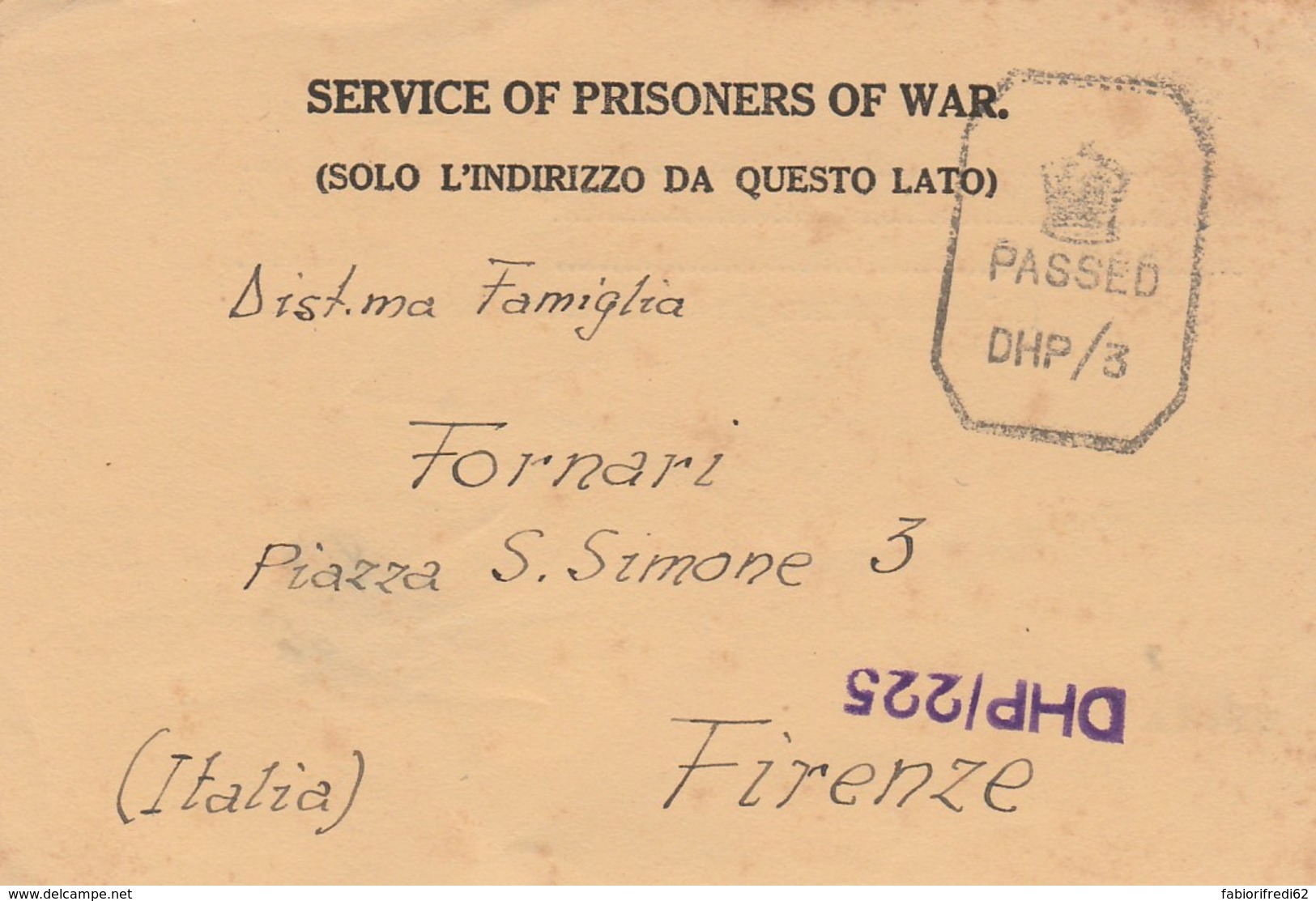 CORRISPONDENZA PRIGIONIERI DI GUERRA -INDIA PER ITALIA-1943 (LK963 - Franchigia