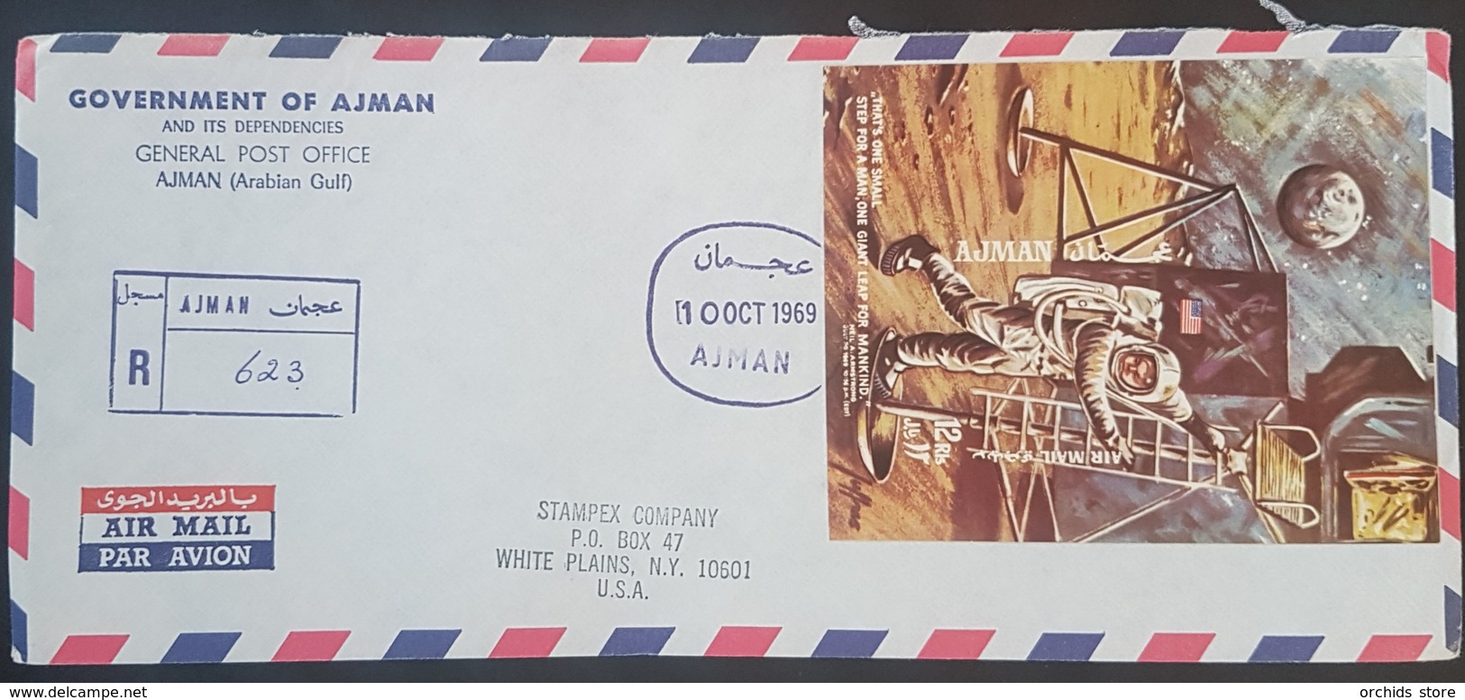 HX2- Ajman 1969 Registered Cover Sent To STAMPEX USA - Franked Amrstrong Landing On The Moon S/S - Mi. Block 152B Imperf - Ajman