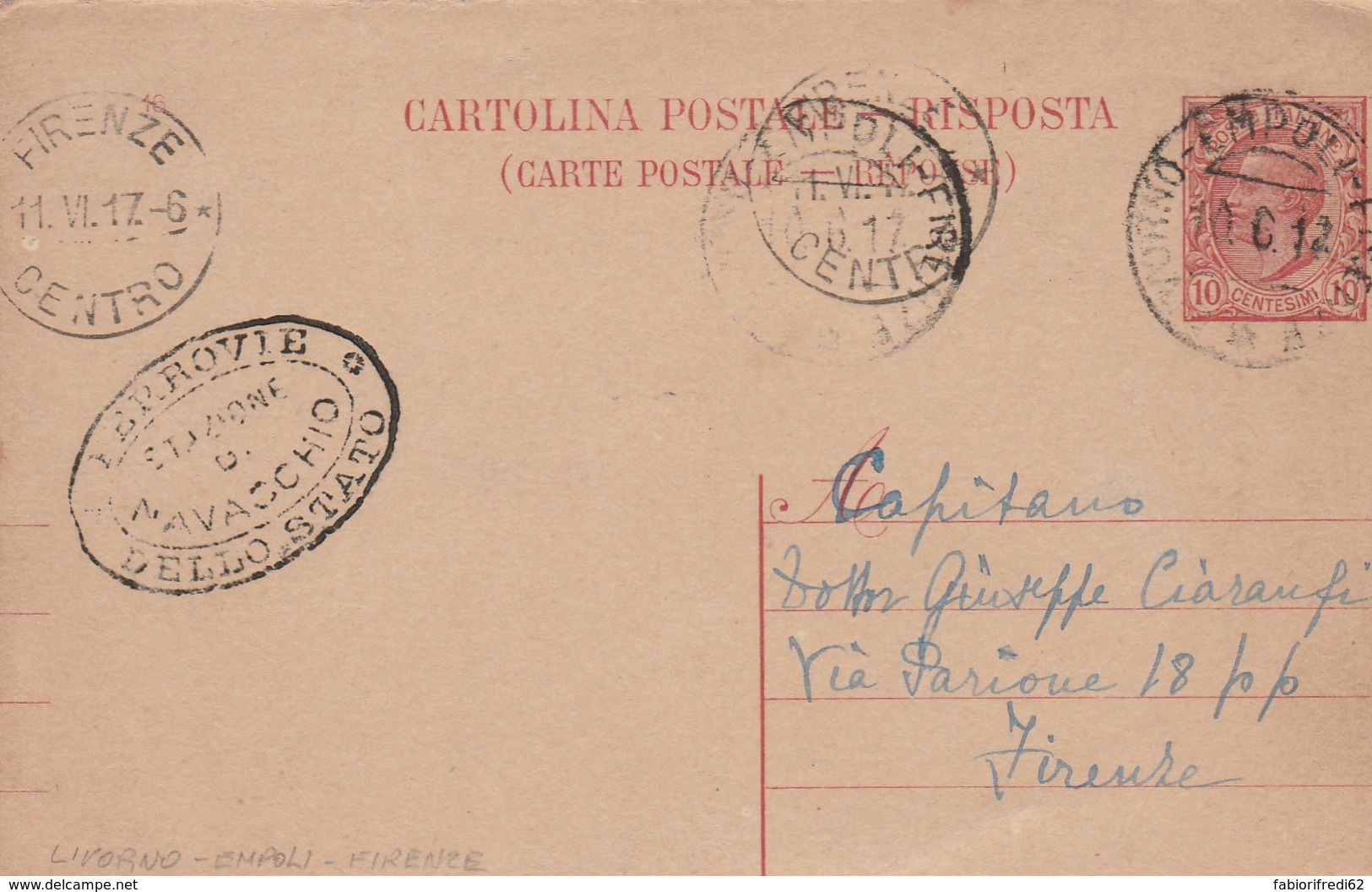 1917 TIMBRO LIVORNO EMPOLI FIRENZE AMB. INTERO POSTALE (FX48 - Entero Postal