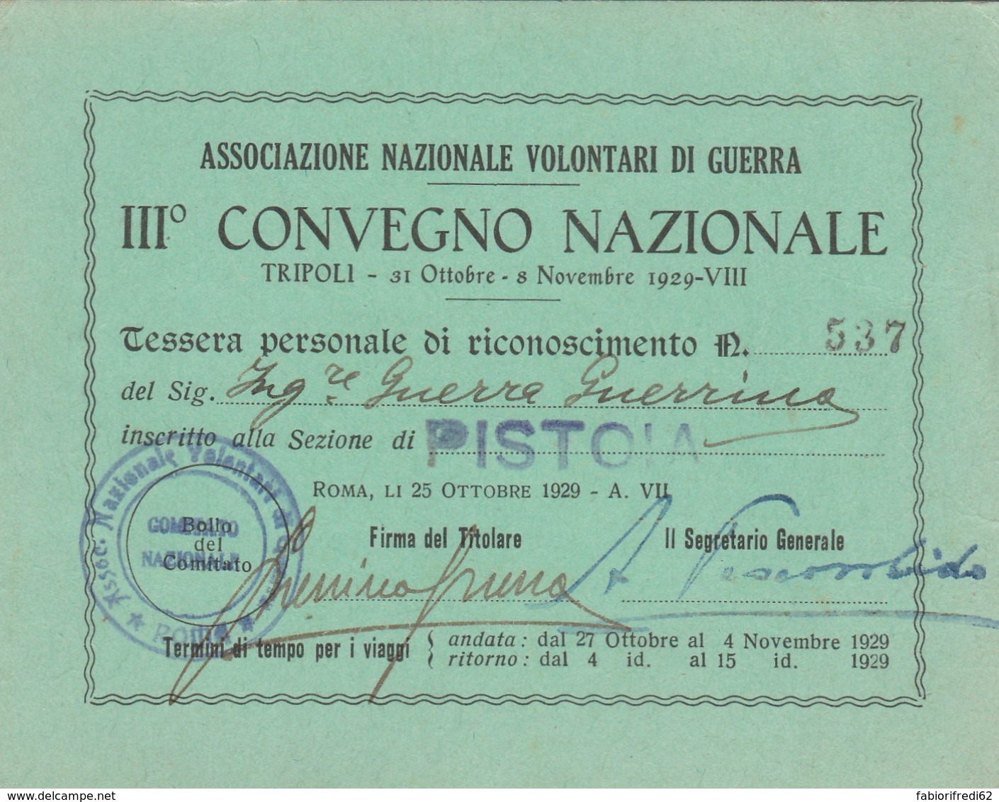 1929 ASS.NAZIONALE VOLONTARI DI GUERRA CONVEGNO TESSERA (FX181 - Documenti Storici