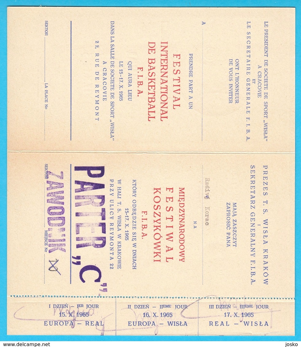 FIBA BASKETBALL TOURNAMENT KRAKOW 1965. Poland - Invitation To RADIVOJ KORAĆ * Programme + Tickets * Programm Programma - Libri