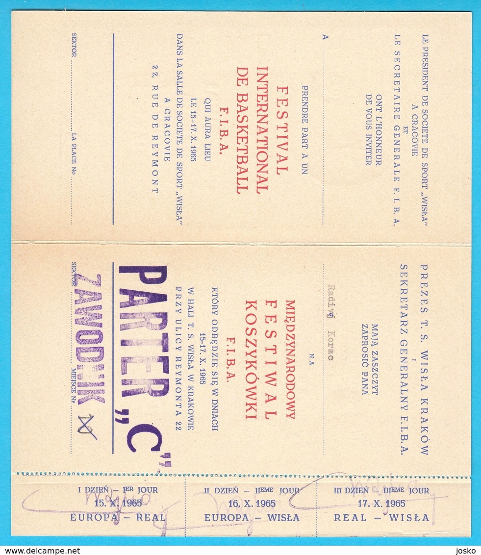 FIBA BASKETBALL TOURNAMENT KRAKOW 1965. Poland - Invitation To RADIVOJ KORAĆ * Programme + Tickets * Programm Programma - Boeken
