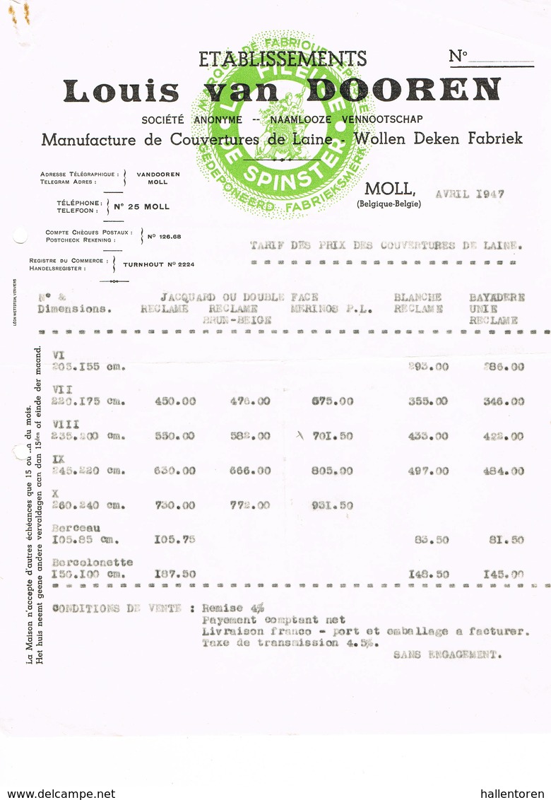 Mol: 1947, Etablissements Louis  Van Dooren ; Manufacture De Couvertures De Laine - Wollen Deken Fabriek - 1900 – 1949