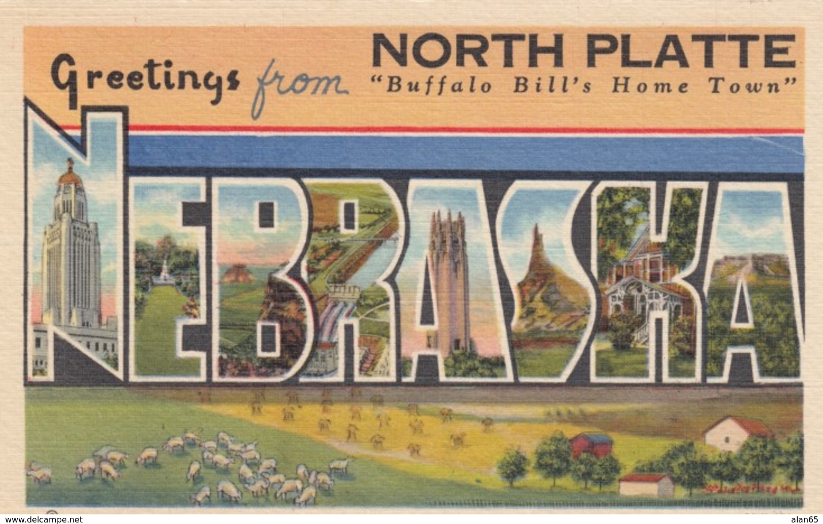 Large Letter Greetings From North Platte Nebraska, Buffalo Bill's Home Town C1930s Vintage Curteich Linen Postcard - North Platte