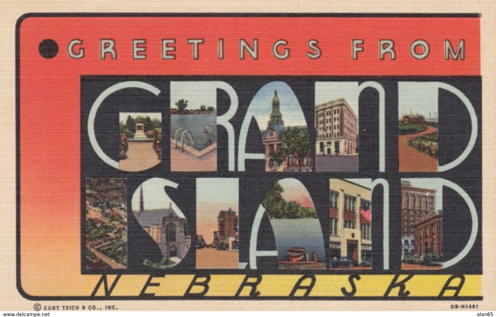 Large Letter Greetings From Grand Island Nebraska, Art Deco Font, C1940s Vintage Curteich Linen Postcard - Grand Island