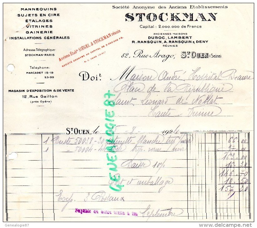 93- ST SAINT OUEN - FACTURE STOCKMAN -DUBOC-LAMBERT-RANSQUIN&DENY- 82 RUE ARAGO- MANNEQUINS MAGASIN-1924 - 1900 – 1949