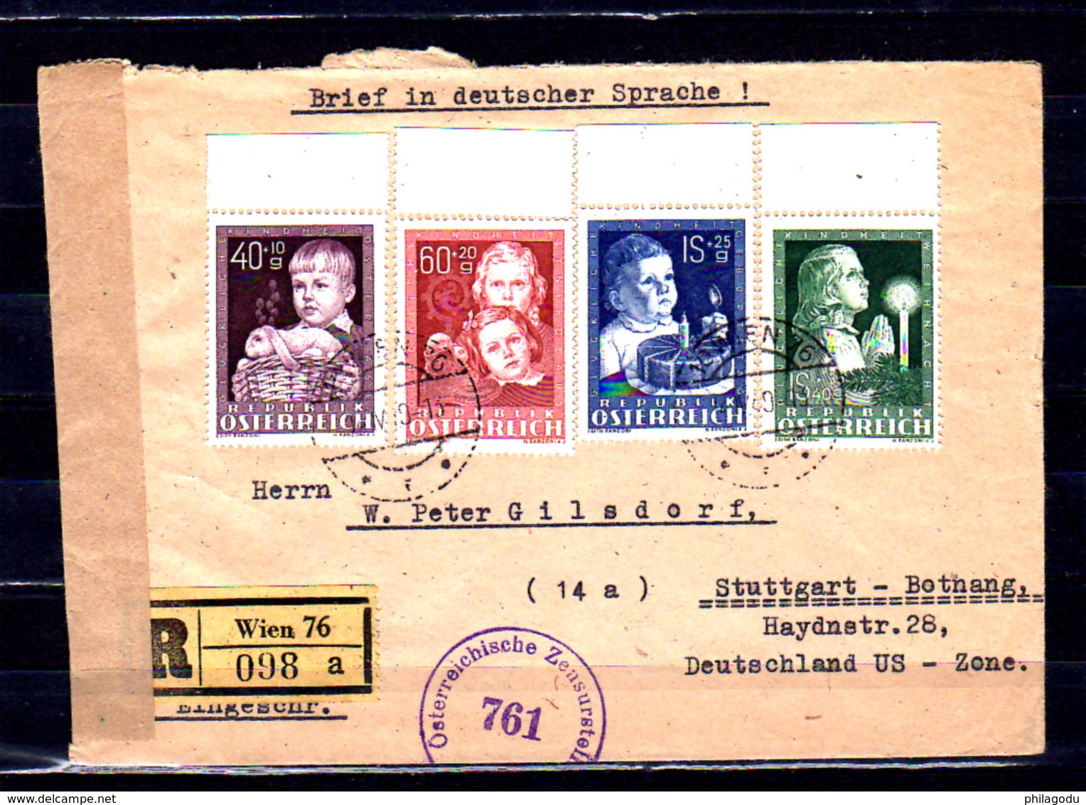 1949   Autriche, Enfance, Kindern, Yv. 765 / 768 Sur Lettre Recommandé,  Cote 135 €  Lapin Bougie - Briefe U. Dokumente