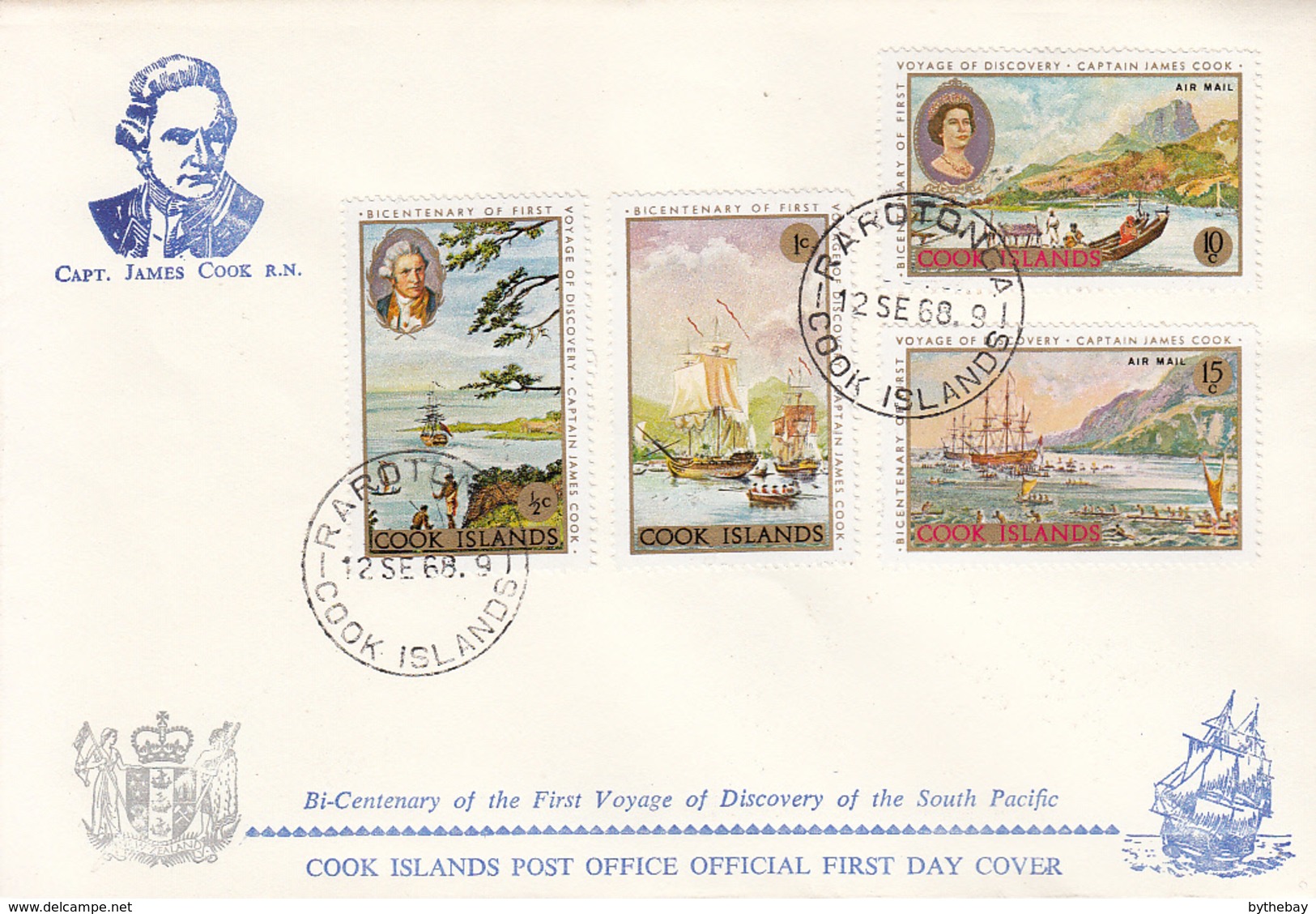 Cook Islands 1968 2 FDCs Sc #233-#236, #C12-#C15 Captain Cook's First Voyage, 200th Anniversary - Cook