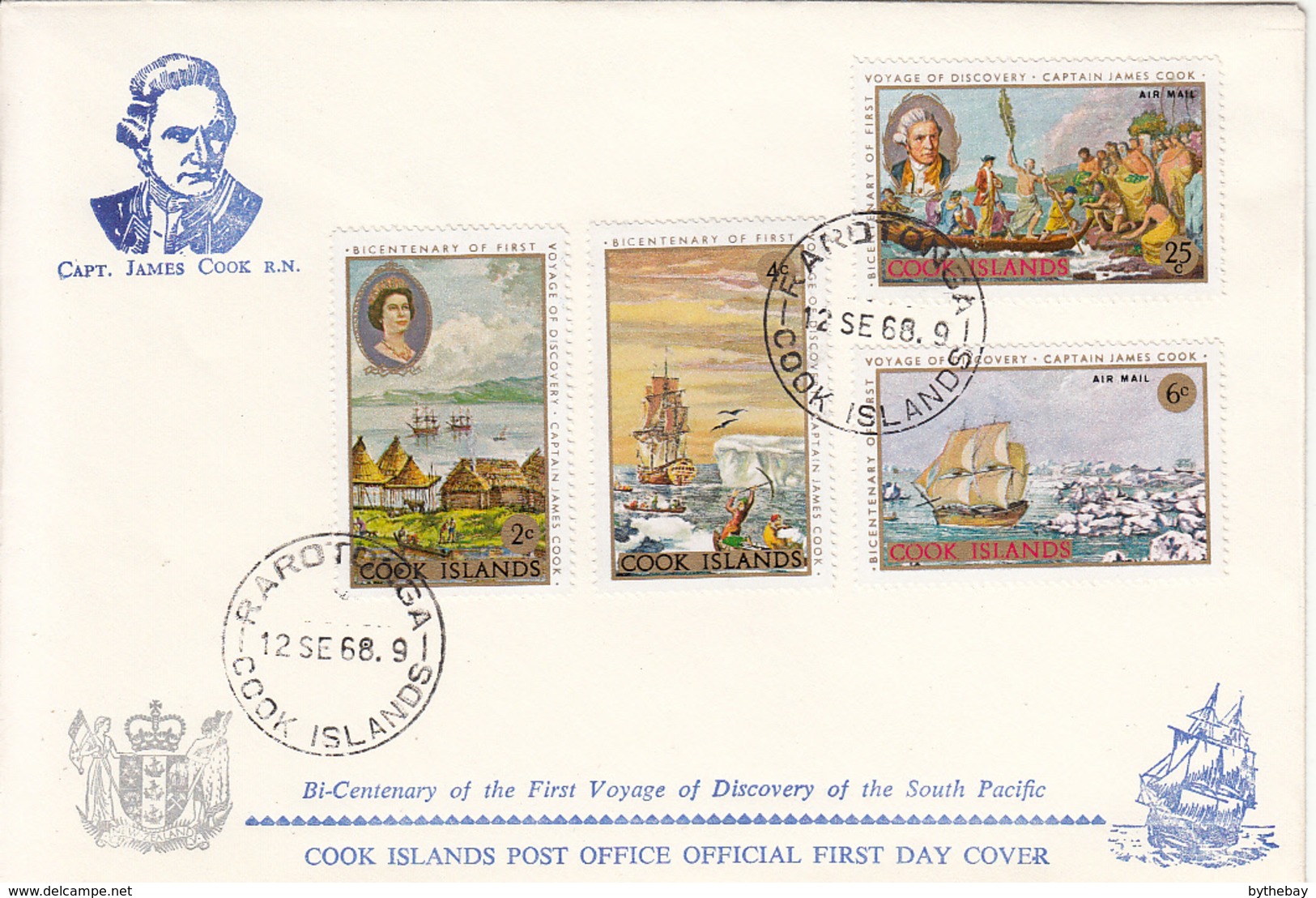 Cook Islands 1968 2 FDCs Sc #233-#236, #C12-#C15 Captain Cook's First Voyage, 200th Anniversary - Cook