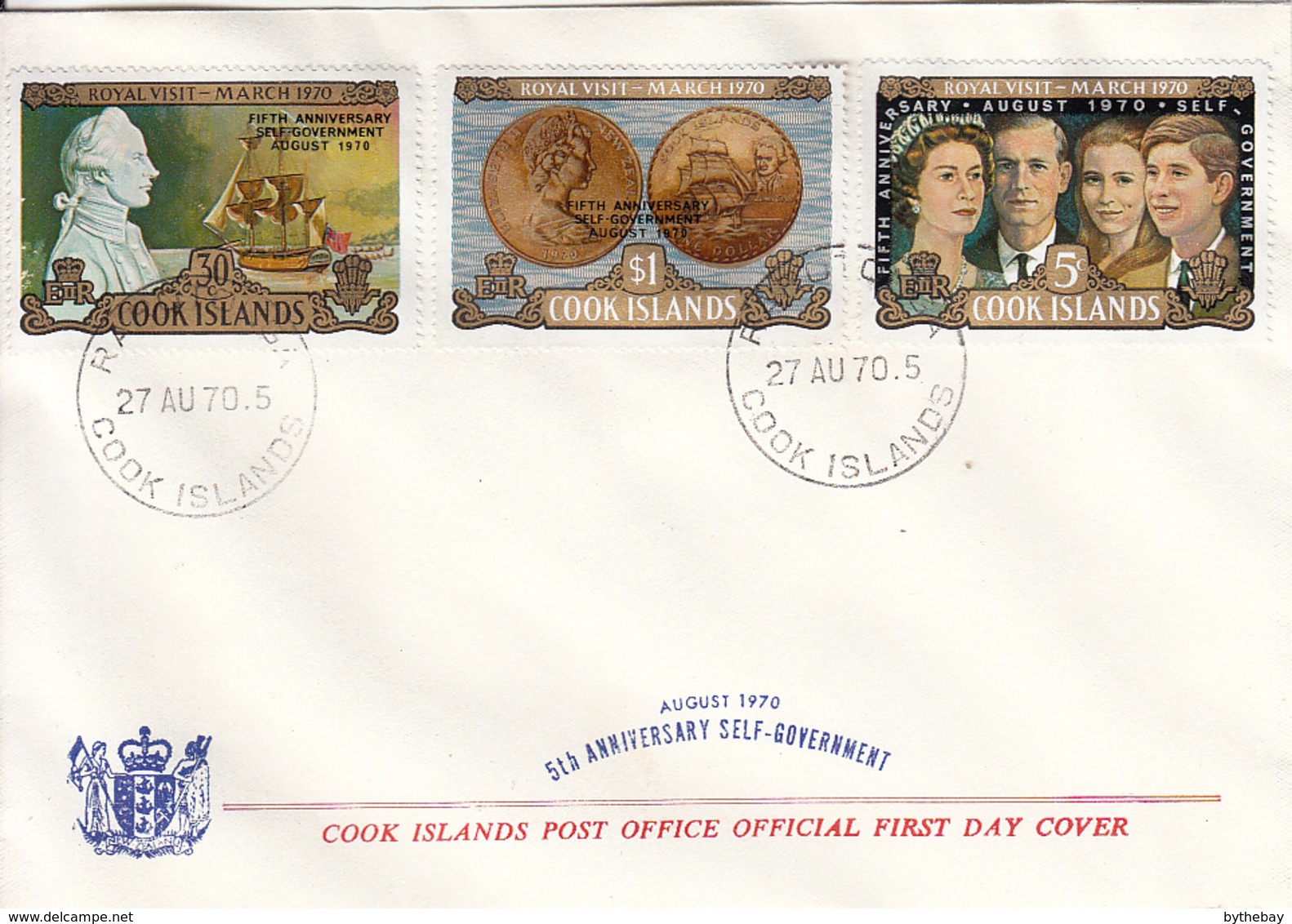 Cook Islands 1970 FDC Sc #287-#289 Capt. Cook Statue, Ship, Coin, Royal Family Self-government - Cook