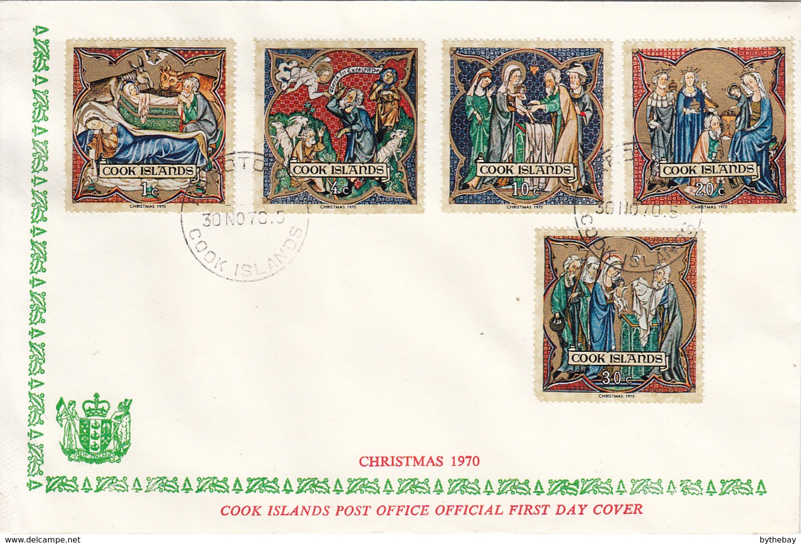 Cook Islands 1970 FDC Sc #292-#296 Christmas Illuminations Robert De Lisle Psalter - Cook