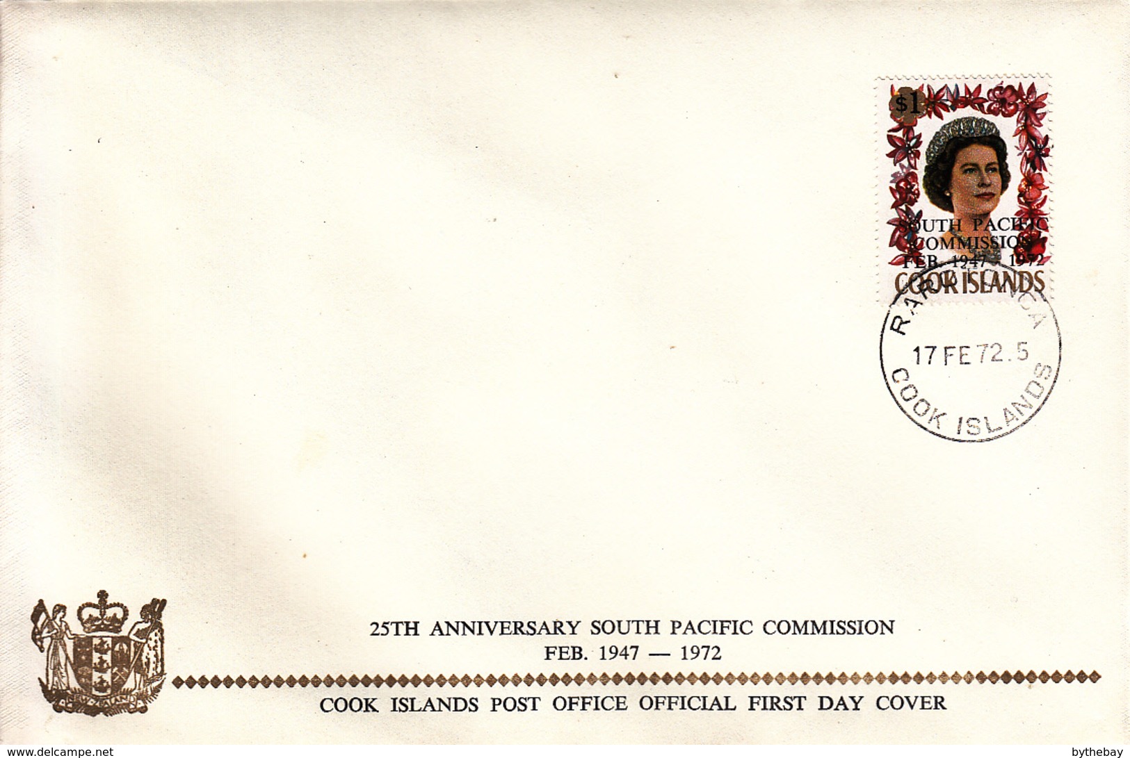 Cook Islands 1972 FDC Sc #315 Overprint On $1 QEII South Pacific Commission - Cook