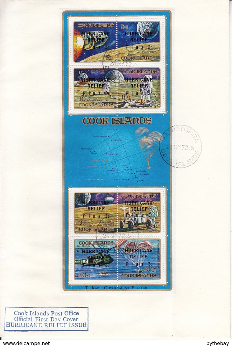 Cook Islands 1972 FDC Sc #B24c Sheet Of 8 Surcharges Hurricane Relief On Apollo Moon Explorations - Cook