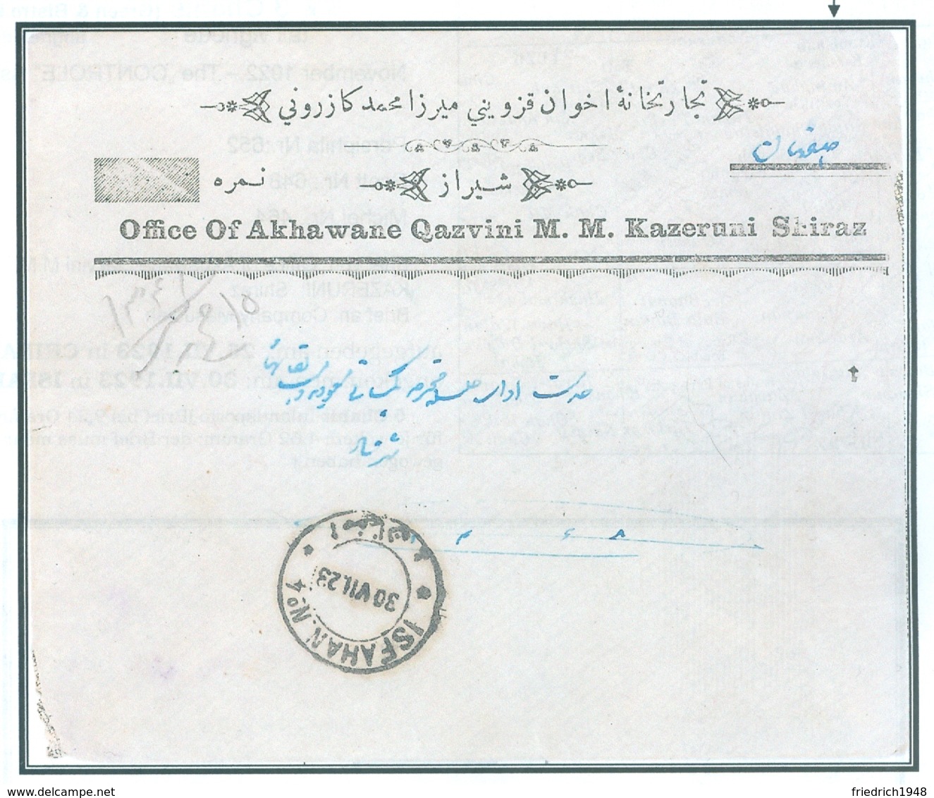 PERSIA - IRAN;  Nice Old Cover On Exhibition Sheet Franked With 5x 3 Chahis "CONTROLE 1922" - Iran