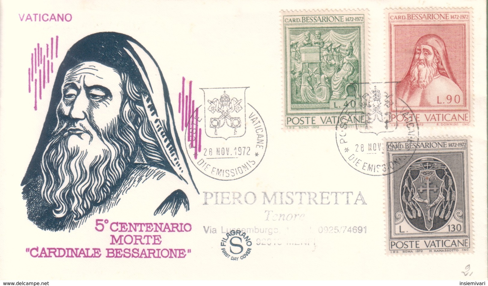 Vaticano 1972 FDC Filagrano Cardinale Bessarione. - FDC