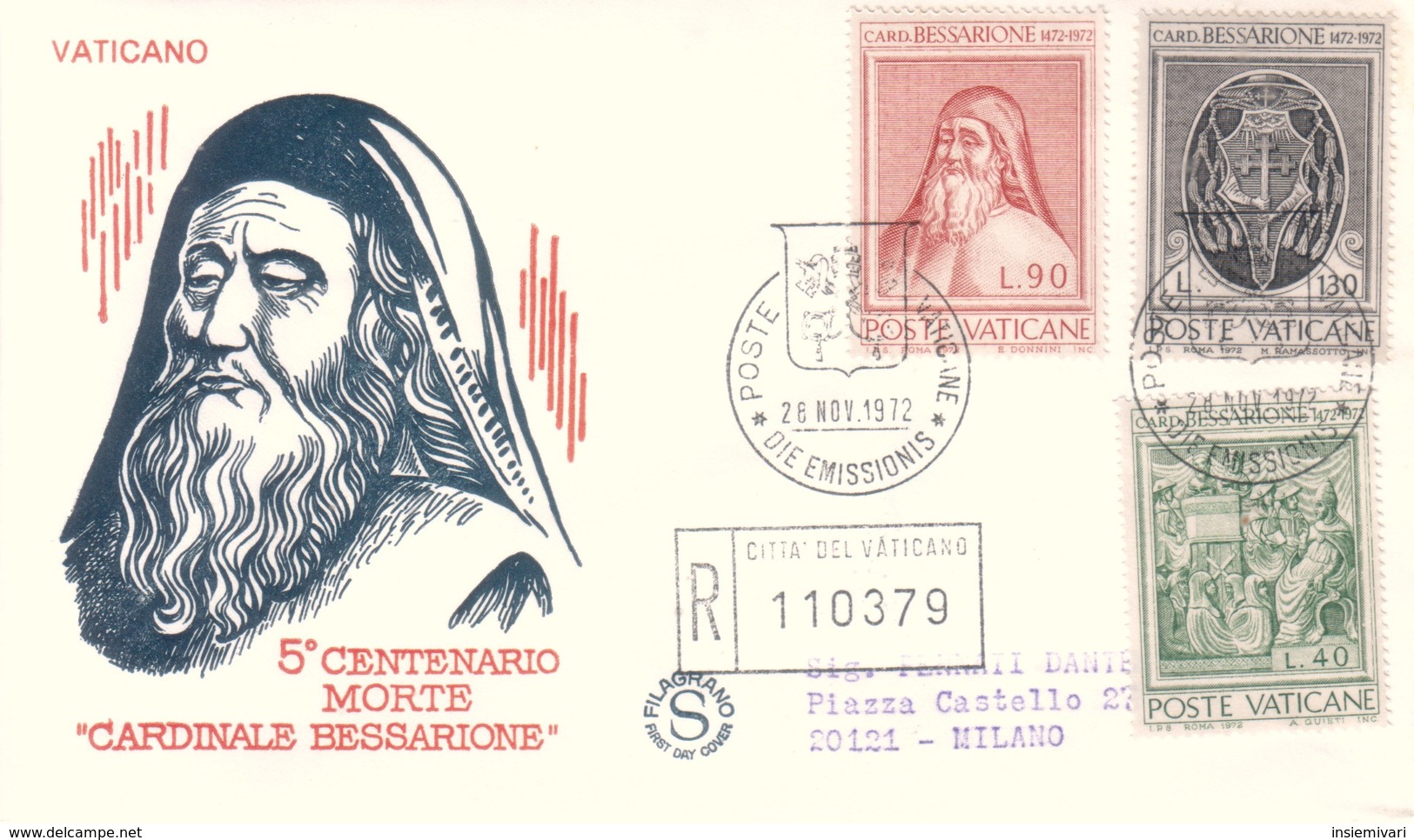Vaticano 1972 FDC Filagrano Cardinale Bessarione Su Raccomandata. - FDC