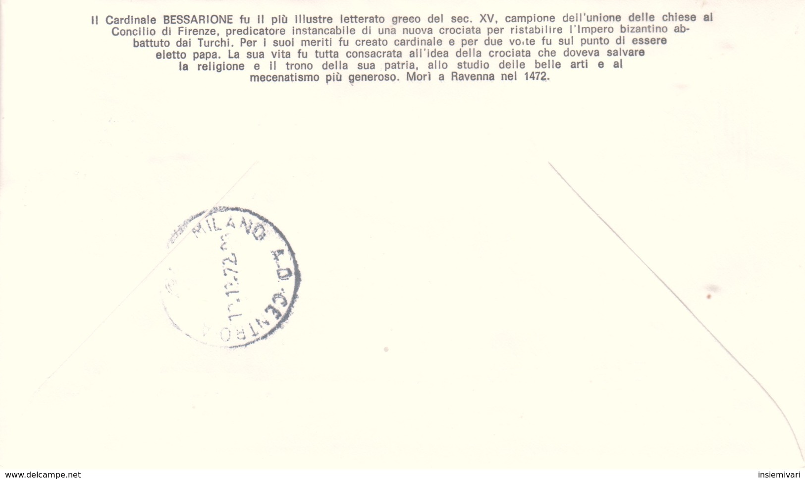 Vaticano 1972 FDC Filagrano Cardinale Bessarione Su Raccomandata. - FDC