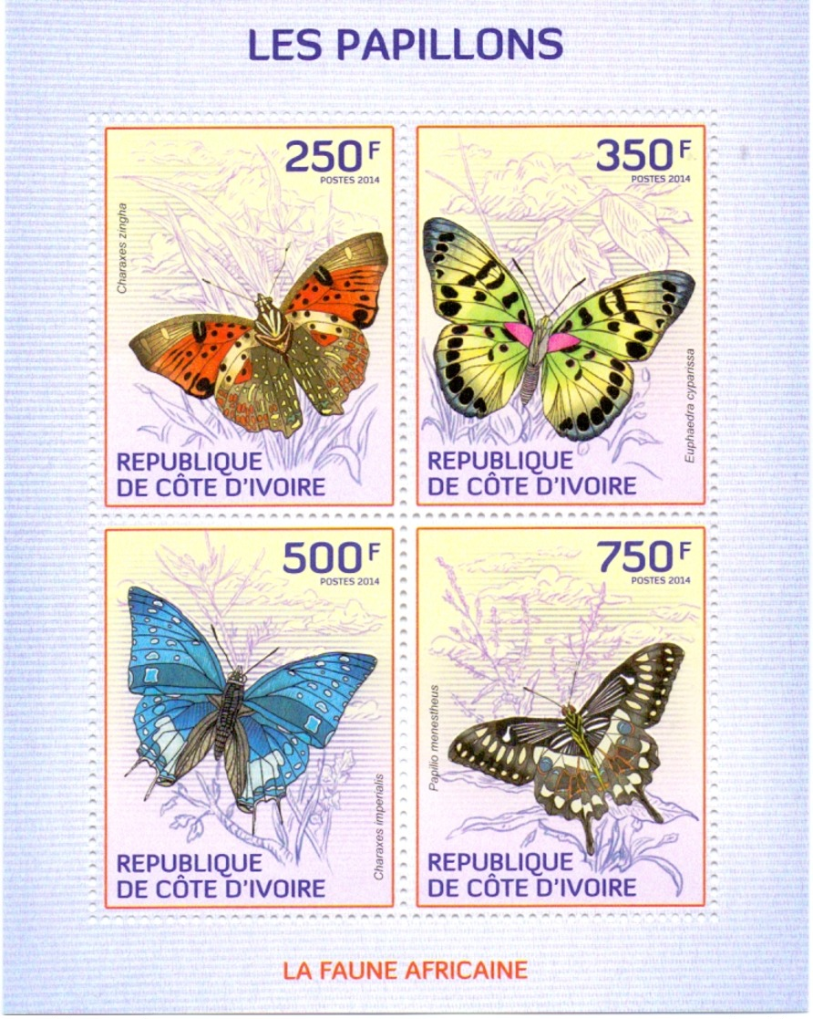Ivory Coast 2014 Butterflies Of Africa 4 Stamp Sheet 9A-241  $8.25 - Bermuda