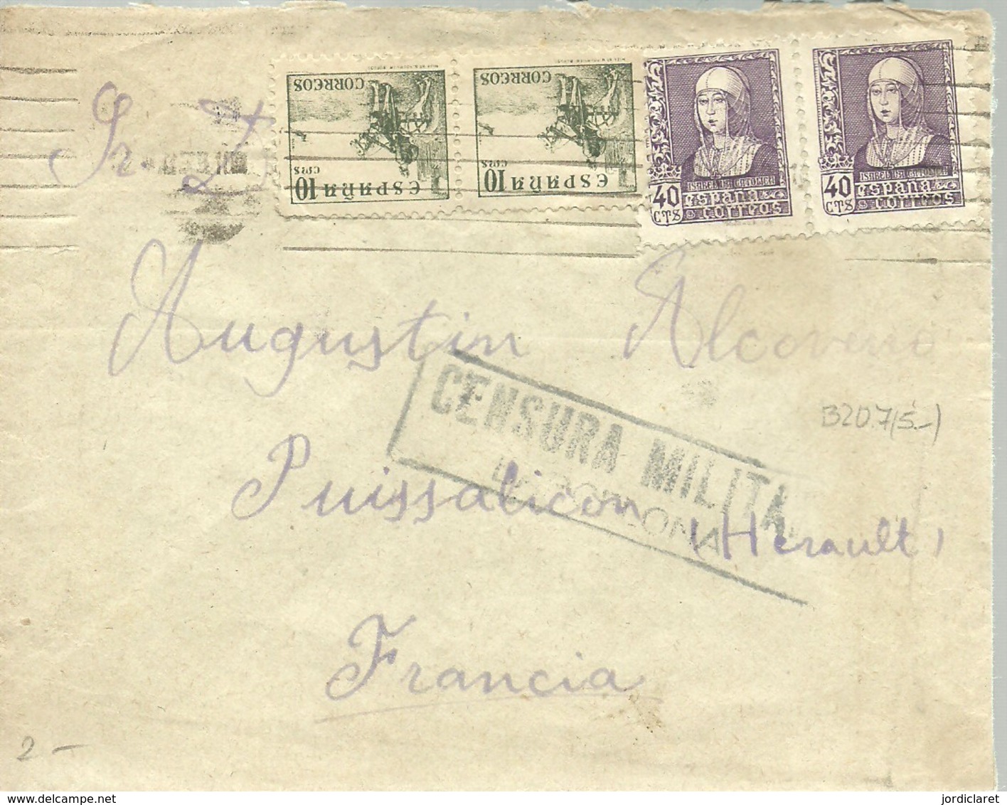 CARTA 1939 CENSURA MILITAR BARCELONA  A PUISSALICON  HERAULT   FRANCIA - Nationalistische Zensur