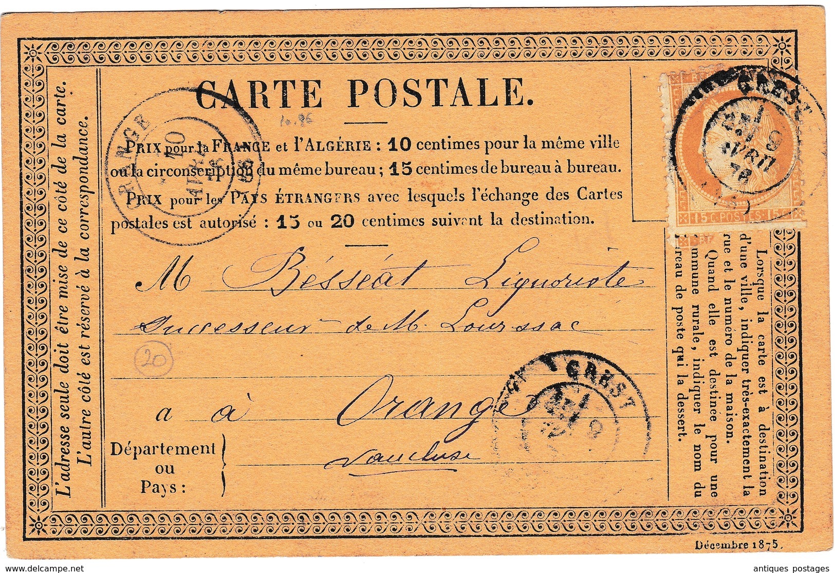 Carte Postale Crest La Roche Sur Grane 1876 Drôme Orange Vaucluse Bésséat Liquoriste Cérès 15 Centimes - 1871-1875 Cérès