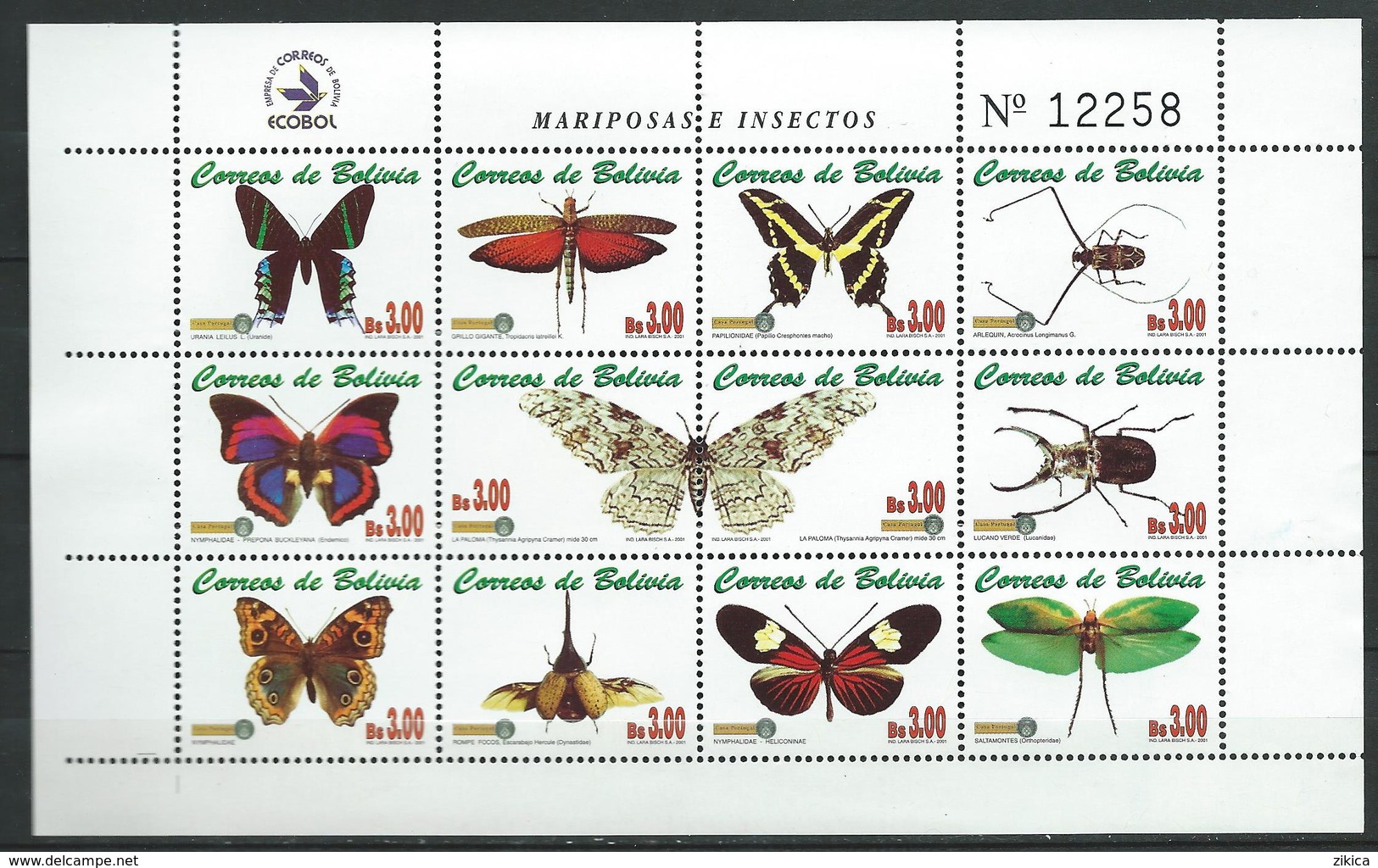 Bolivia 2002 Butterflies And Insects.M/S. MNH - Bolivia