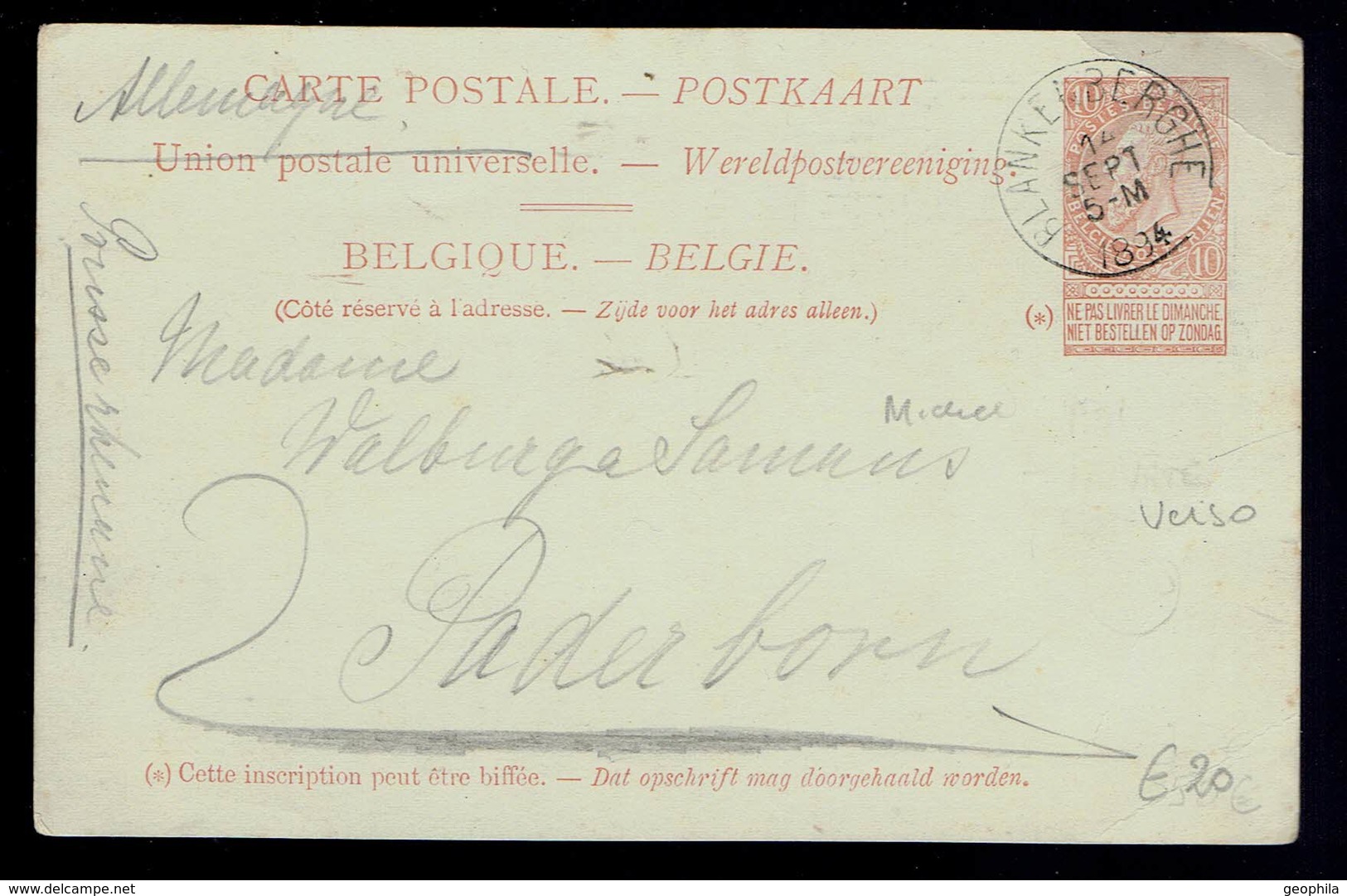 CP 25 Repiquage Illustré " Grand Hôtel Pauwels DHondt " Blankenberghe  De Blankerberghe 14 Sept 1894=>Raderbonn ( All. ) - Cartes Postales 1871-1909