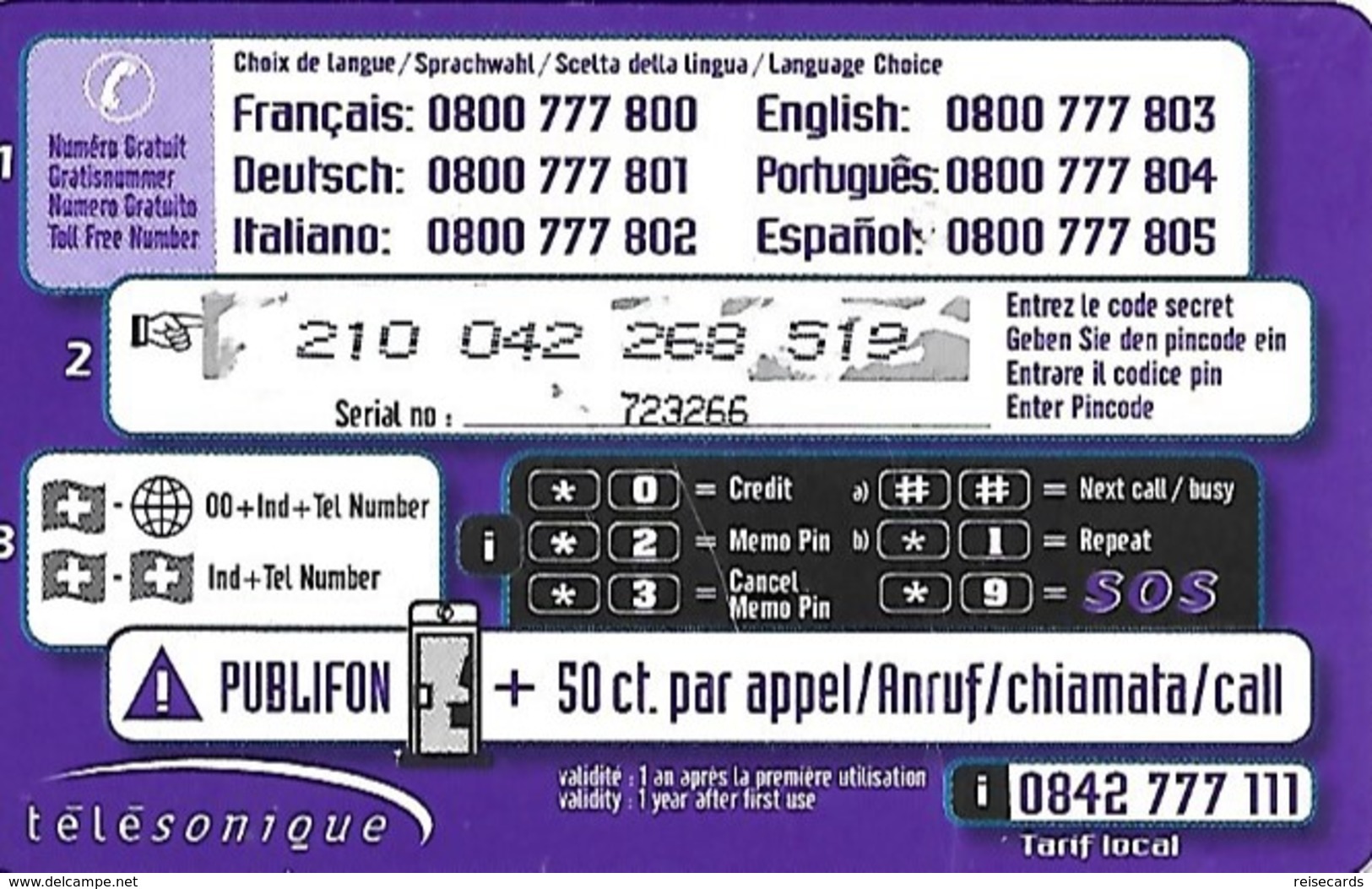 Prepaid: Télésonique, T-card - Globe - Schweiz
