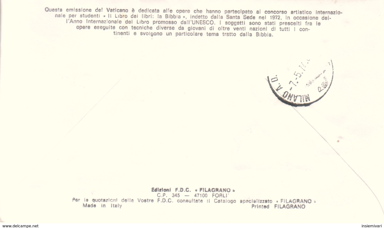 FDC Filagrano - Vaticano 1974 - La Bibbia - 2 Raccomandate . - FDC